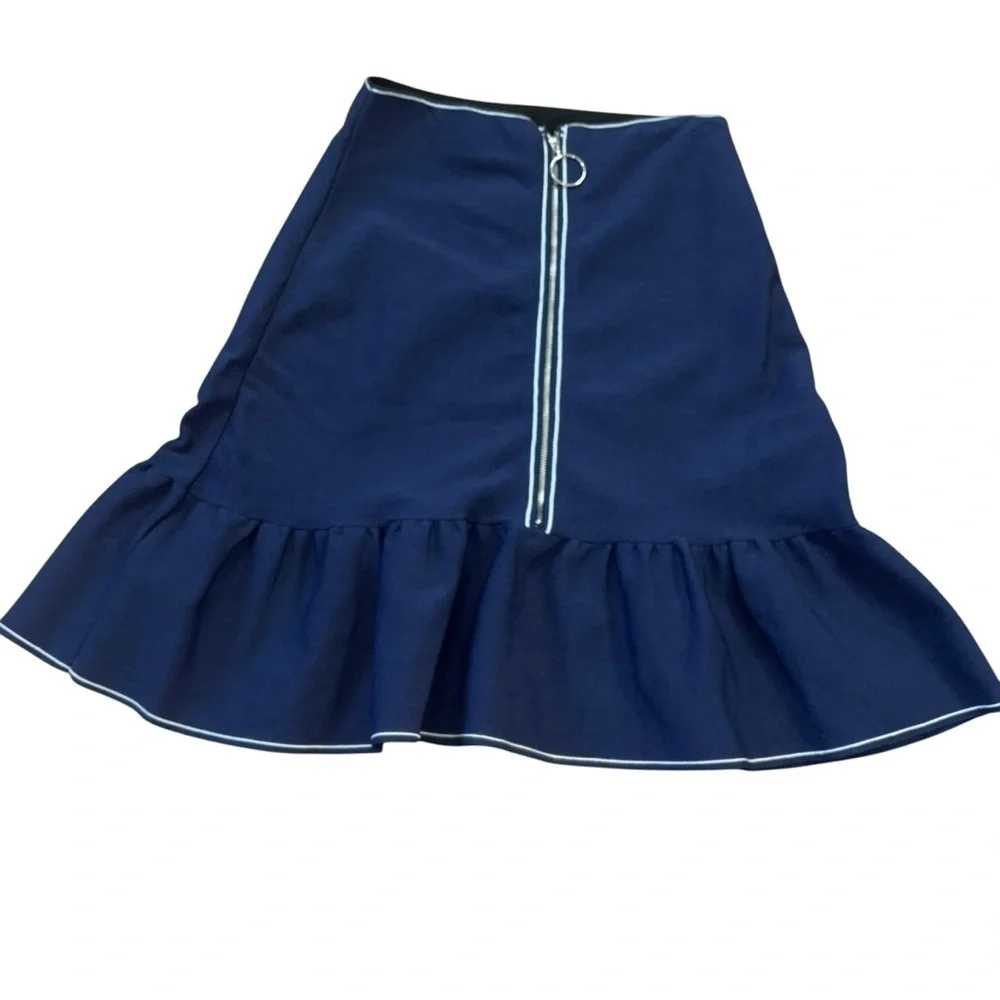 Gianni Bini Navy White Nautical Exposed Zipper Ruffle Skirt Women’s XS Workwear